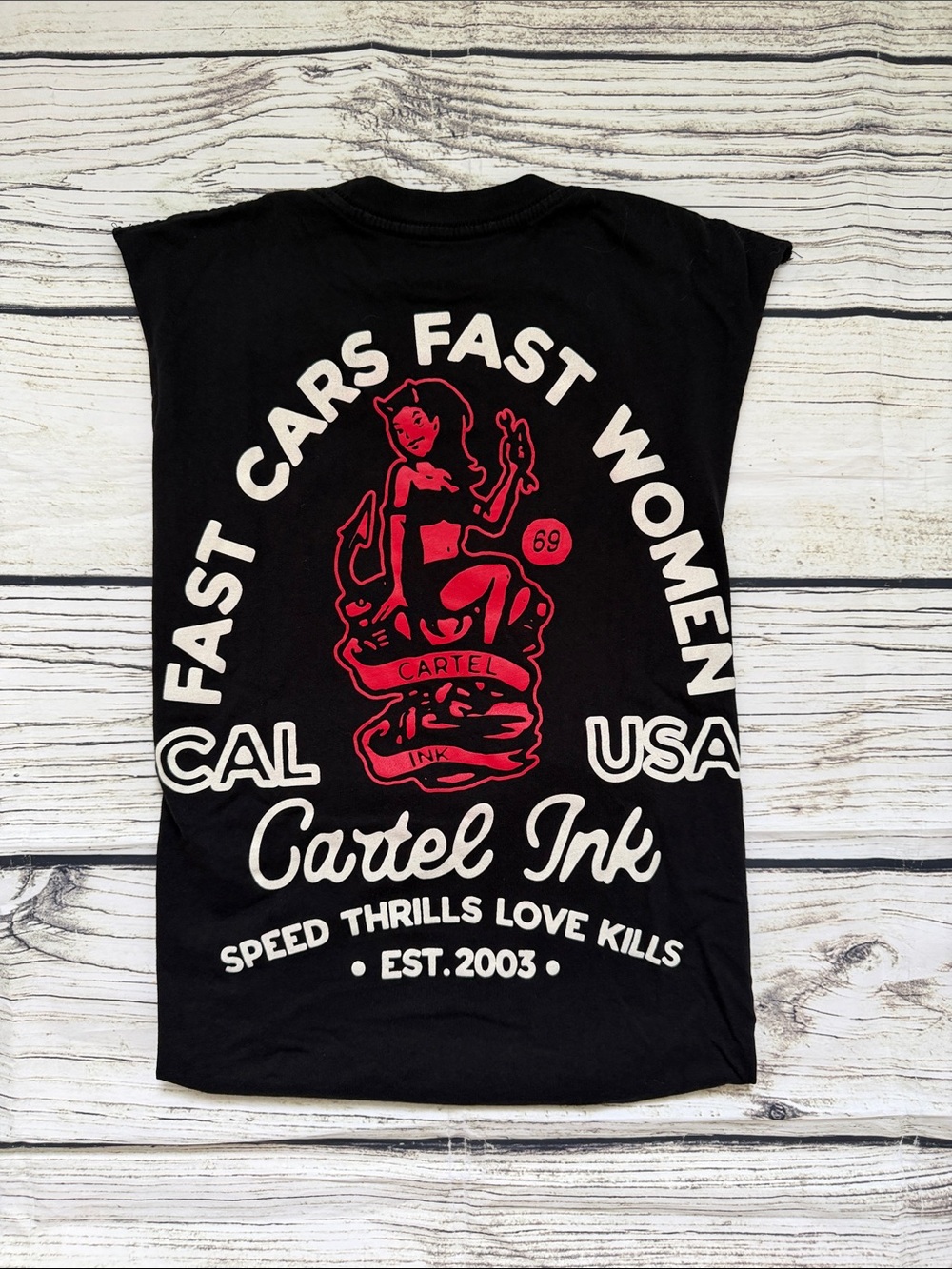 Cartel Ink Men’s Black Graphic Tank Top - Red & White Print L